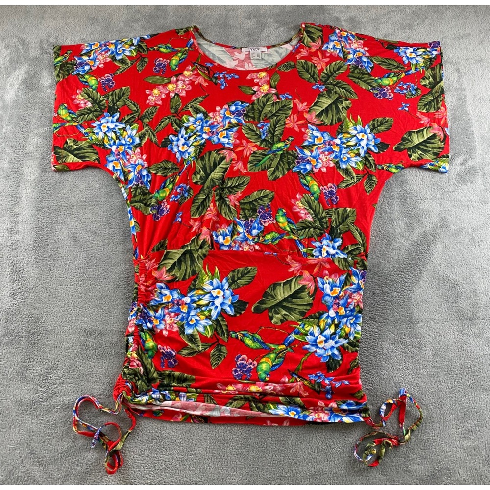 Lascana for Venus Red Tropical Parrot Floral Ruched Side Tunic Top Large